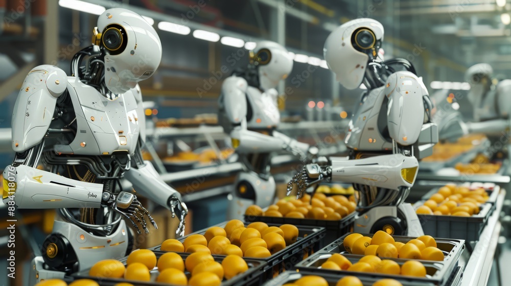 Poster capture a scene of robots on a food packaging line, carefully sorting and packing snacks, ensuring s