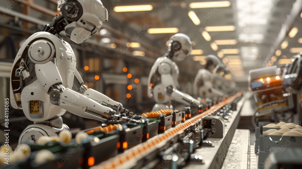 Poster capture a scene of robots on a food packaging line, carefully sorting and packing snacks, ensuring s