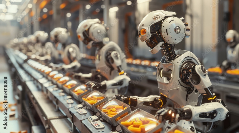 Poster capture a scene of robots on a food packaging line, carefully sorting and packing snacks, ensuring s