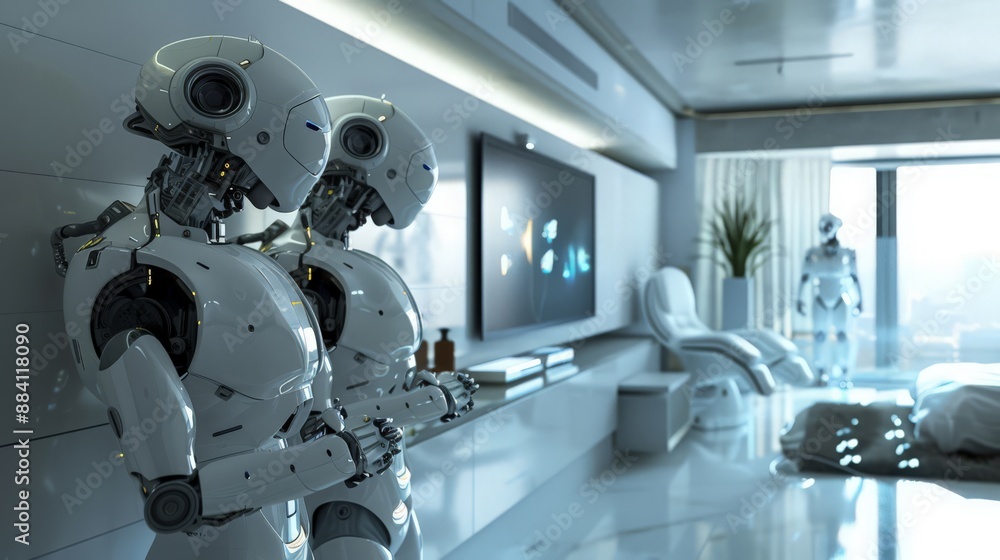 Poster capture a scene of robots installing advanced hvac systems, ensuring comfort and energy efficiency i