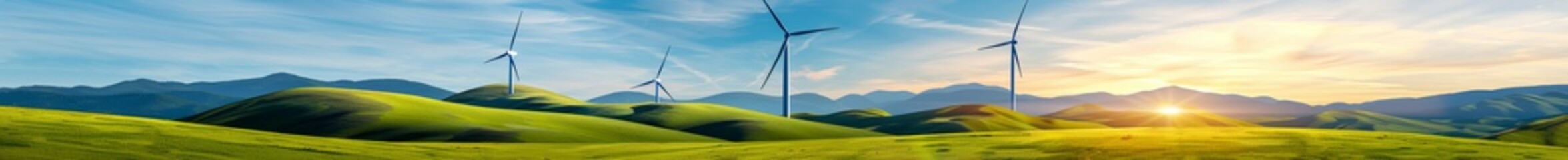 wind turbine field at sunset, green meadow landscape with renewable energy, clean technology in nature.