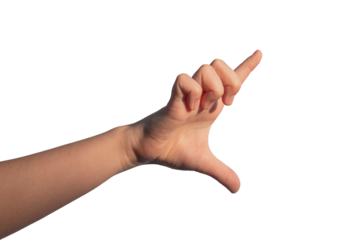 Childs hand holding something big huge invisible between two fingers, isolated on white background., transparent PNG