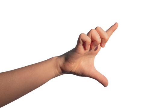 Childs hand holding something big huge invisible between two fingers, isolated on white background., transparent PNG