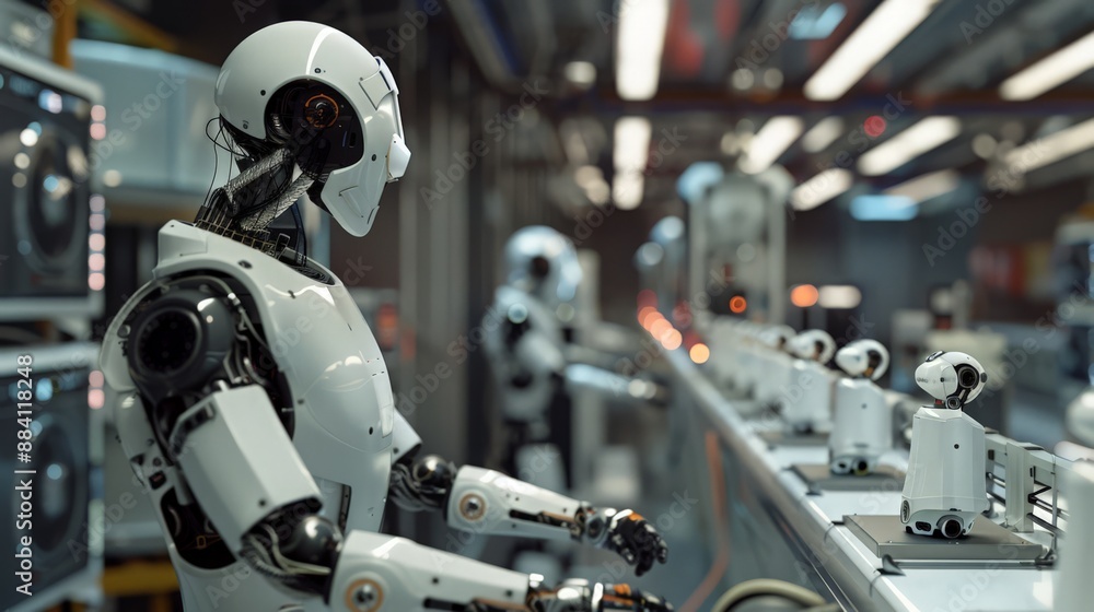 Poster capture a scene where robots are assembling household appliances, emphasizing the speed and precisio