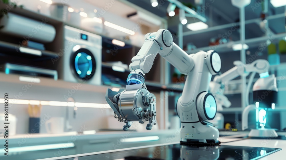 Poster capture a scene where robots are assembling household appliances, emphasizing the speed and precisio