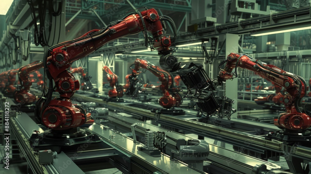 Poster capture a scene where robots are assembling household appliances, emphasizing the speed and precisio