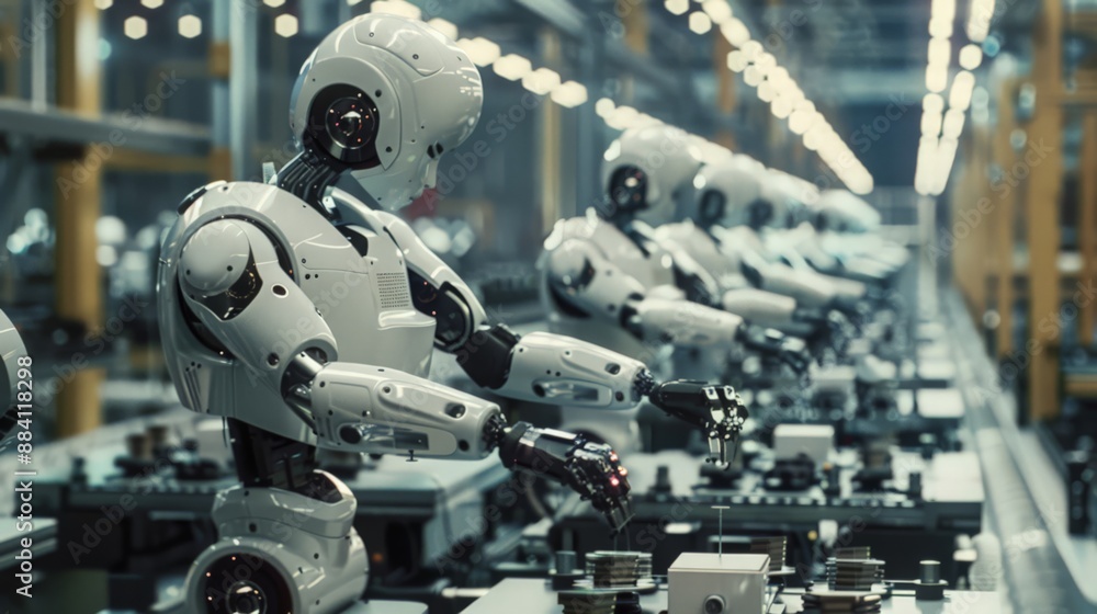Poster capture a scene where robots are assembling household appliances, emphasizing the speed and precisio