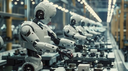 Fototapeta premium Capture a scene where robots are assembling household appliances, emphasizing the speed and precision of robotic manufacturing.