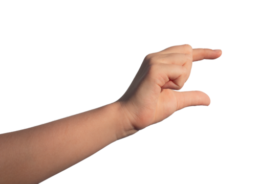 Childs hand holding something invisible between two fingers, isolated on white background., transparent PNG