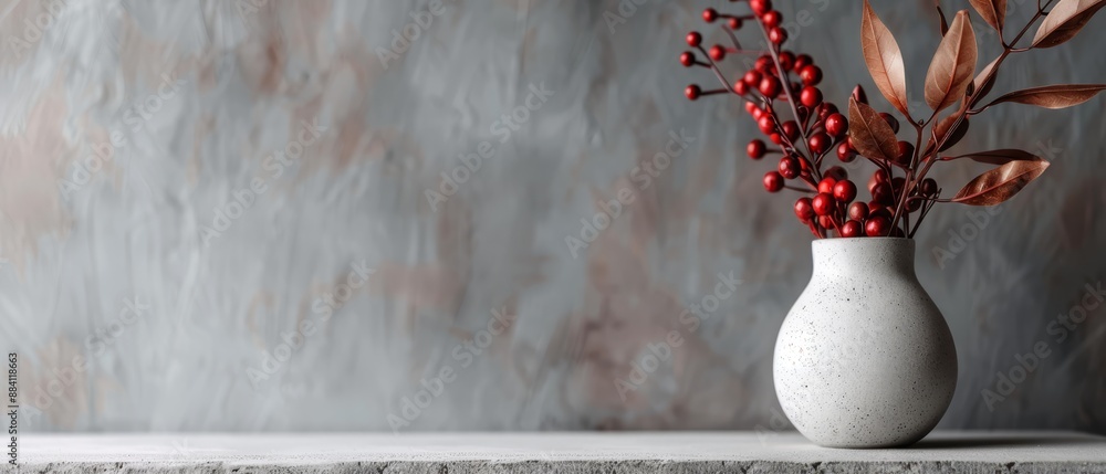 Poster  A white vase, brimming with red berries, rests atop a pristine white table Nearby, a gray wall houses a lush plant