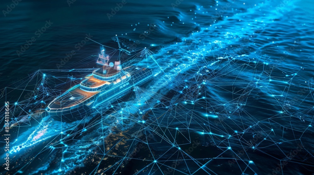 Poster capture an autonomous ship navigating through open waters, controlled by ai systems that ensure safe