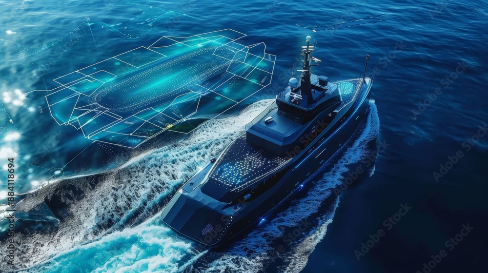 Poster capture an autonomous ship navigating through open waters, controlled by ai systems that ensure safe