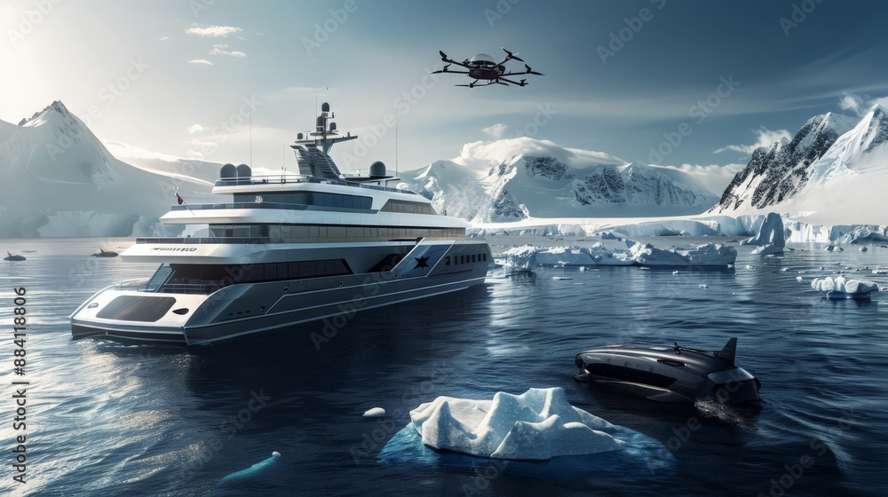 Poster capture an expedition ship with deployable drones and submersibles, offering passengers immersive ex