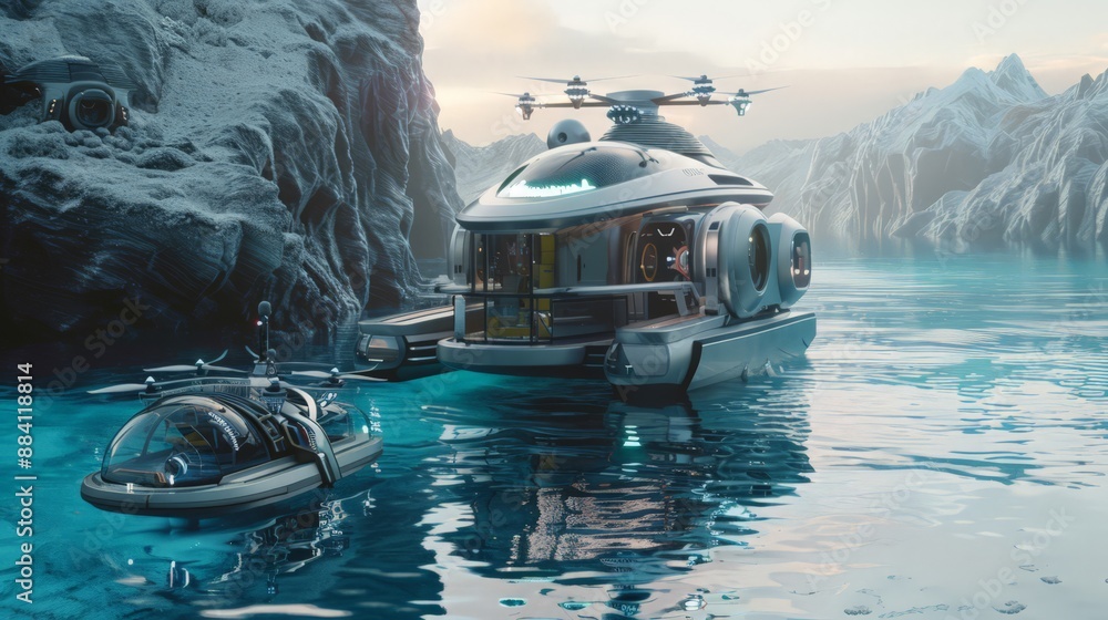 Poster capture an expedition ship with deployable drones and submersibles, offering passengers immersive ex