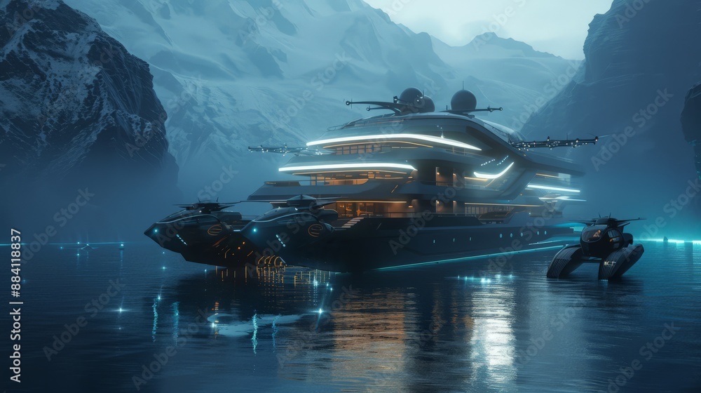 Poster capture an expedition ship with deployable drones and submersibles, offering passengers immersive ex