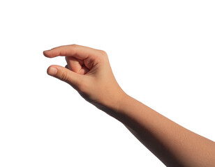 Childs hand holding something invisible little, small thing between two fingers, isolated on white...
