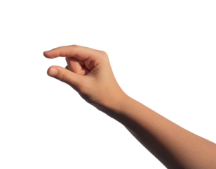 Childs hand holding something invisible little, small thing between two fingers, isolated on white background., transparent PNG