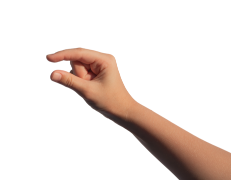 Childs hand holding something invisible little, small thing between two fingers, isolated on white background., transparent PNG - Powered by Adobe