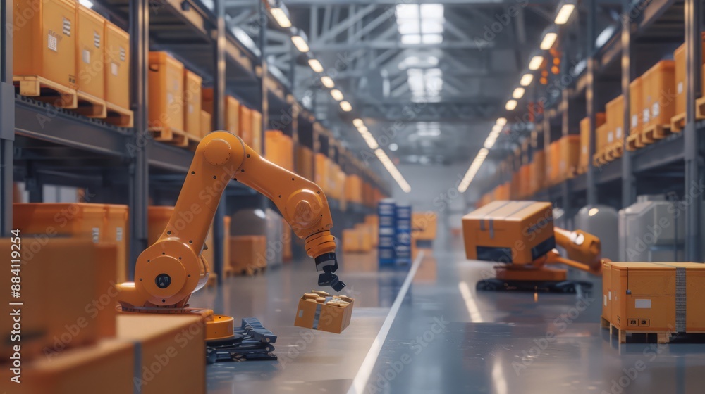 Poster capture the advanced logistics of a factory where robots are managing warehousing and distribution, 