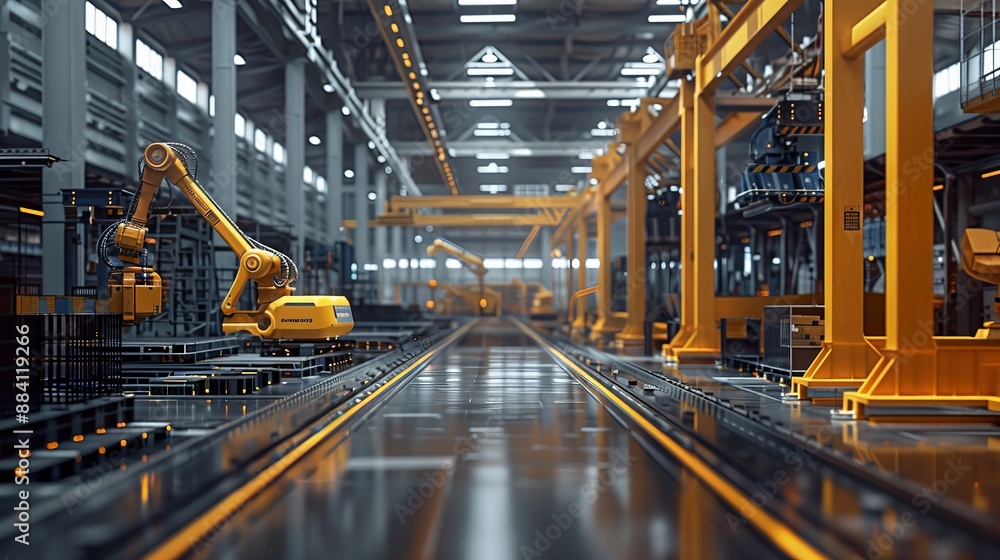 Poster capture the advanced logistics of a factory where robots are managing warehousing and distribution, 