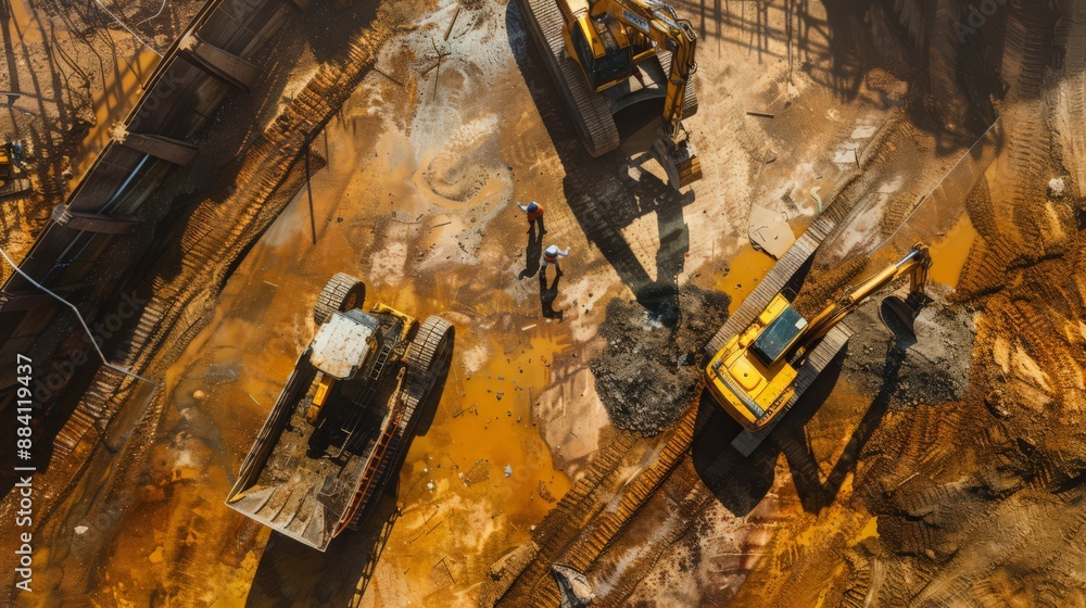 Poster capture the aerial perspective of construction robots navigating across a site, orchestrating comple