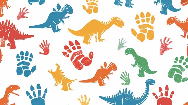 The image depicts amusing dinosaur illustrations accompanied by colored footprints, creating a delightful and engaging design suitable for both children and educational materials.