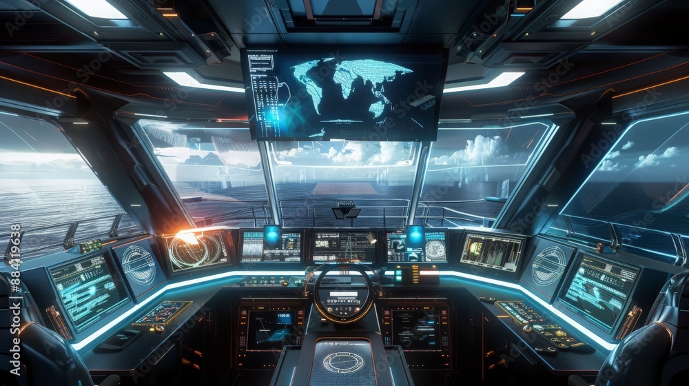 Poster capture the bridge of a futuristic ship with holographic displays and ai navigation systems that enh