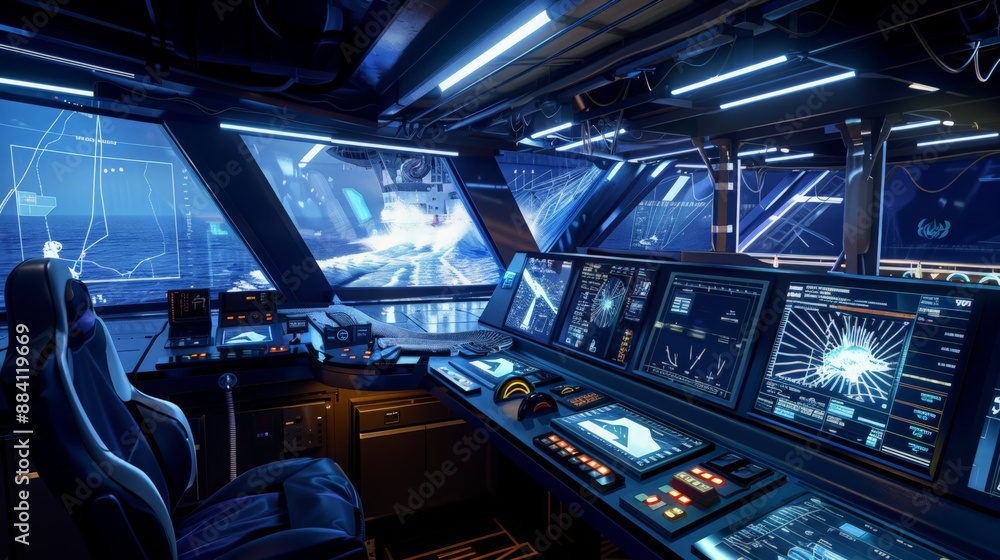 Poster capture the bridge of a futuristic ship with holographic displays and ai navigation systems that enh
