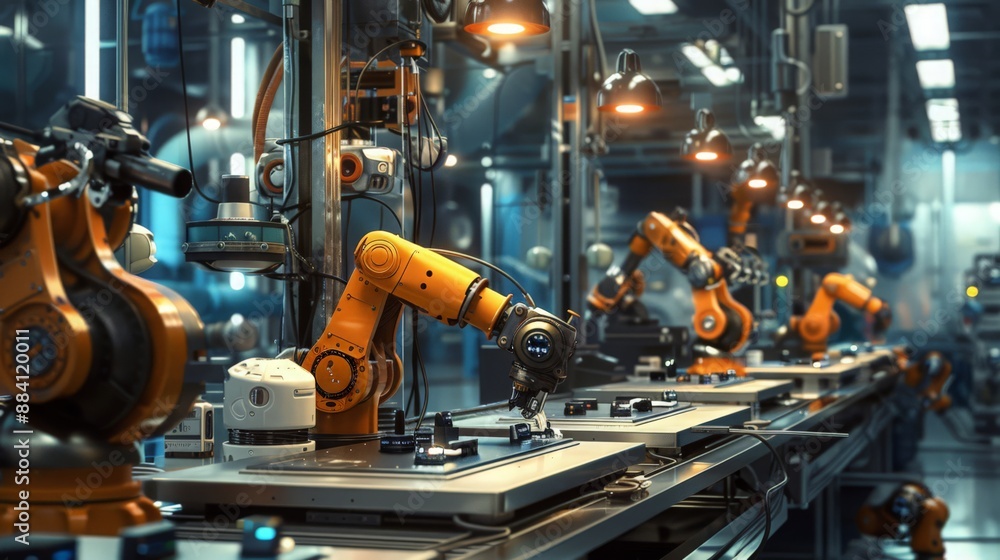 Poster Capture the dynamic environment of a factory where robots are producing consumer electronics, emphasizing the high-tech