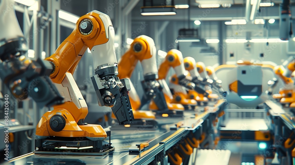 Poster capture the dynamic environment of a factory where robots are producing consumer electronics, emphas