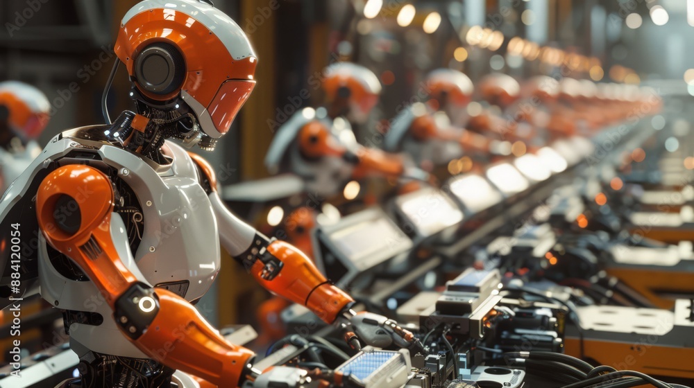 Poster Capture the dynamic environment of a factory where robots are producing consumer electronics, emphasizing the high-tech