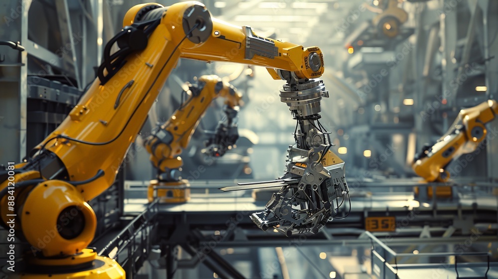 Poster capture the dynamic scene of robots assembling a steel structure, showcasing the speed and efficienc