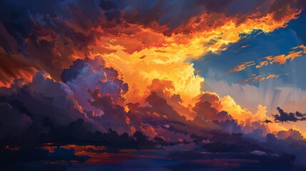 Capture the dynamic energy of a sunset storm, with dramatic clouds illuminated by the setting sun's golden light.