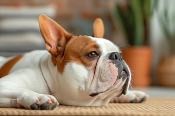 Bulldog lies on a woven mat, looking up with a relaxed expression