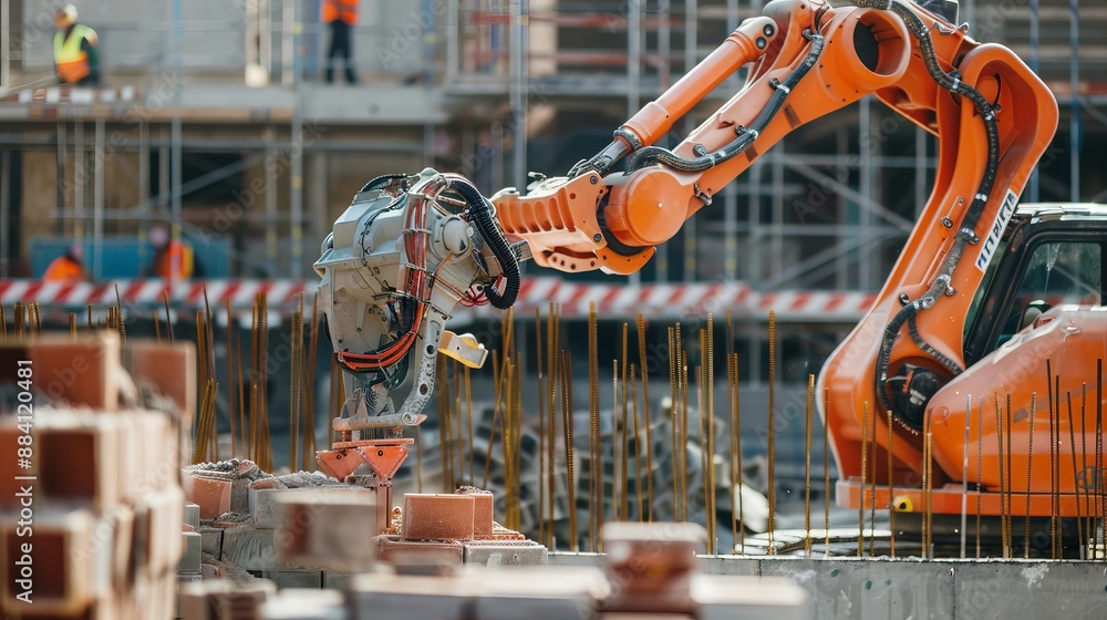 Aufkleber capture the future of construction with a robot team at work, laying bricks with precision and effic