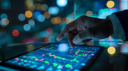 Close-up of the hands of an experienced investor analyzing financial charts on a digital tablet against the backdrop of a modern office. Concept of growth, decline, cryptocurrency.