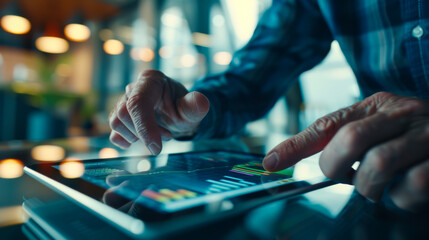 Close-up of the hands of an experienced investor analyzing financial charts on a digital tablet against the backdrop of a modern office. Concept of growth, decline, cryptocurrency.