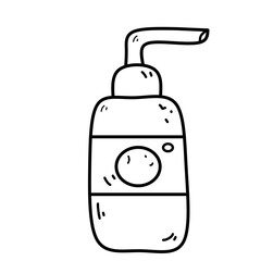 Hand-drawn dispenser bottle, simple line art for hygiene, vector illustration.