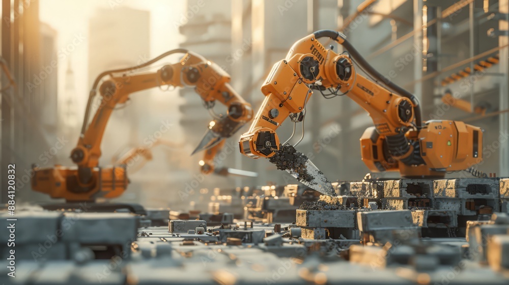 Poster capture the futuristic look of a construction site where robots are laying bricks and mortar in sync