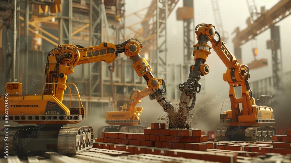 Poster capture the futuristic look of a construction site where robots are laying bricks and mortar in sync