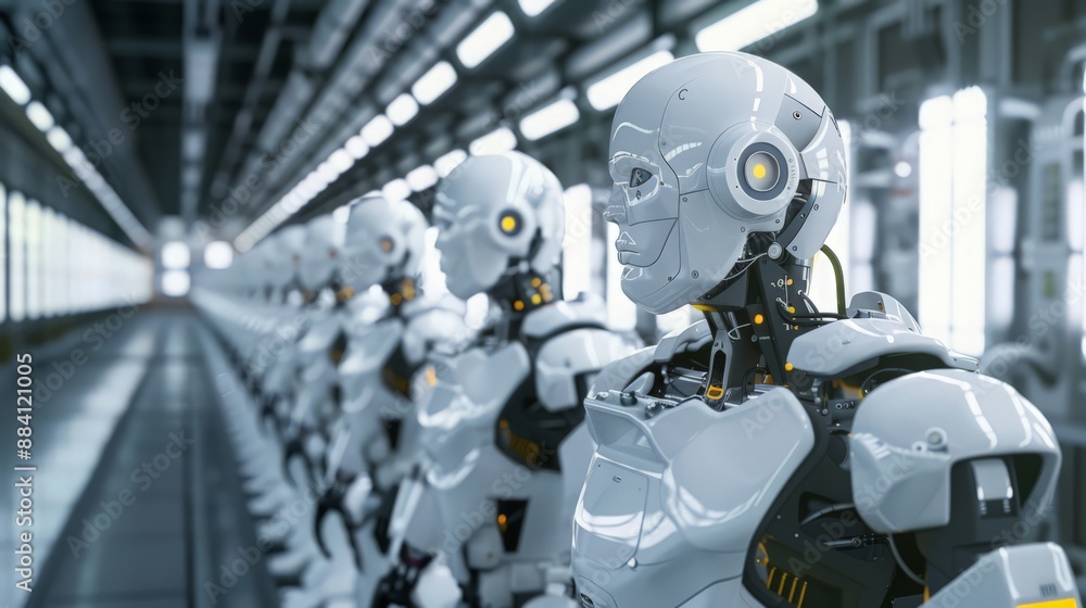 Poster capture the futuristic look of a factory where robots are autonomously managing inventory and logist