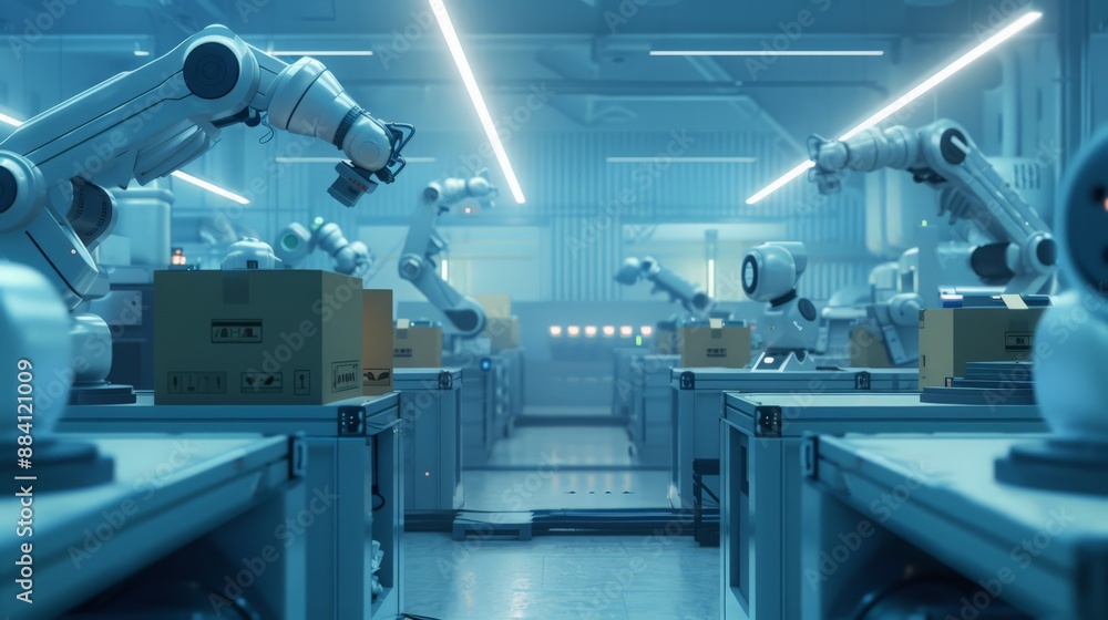 Poster capture the futuristic look of a factory where robots are autonomously managing inventory and logist
