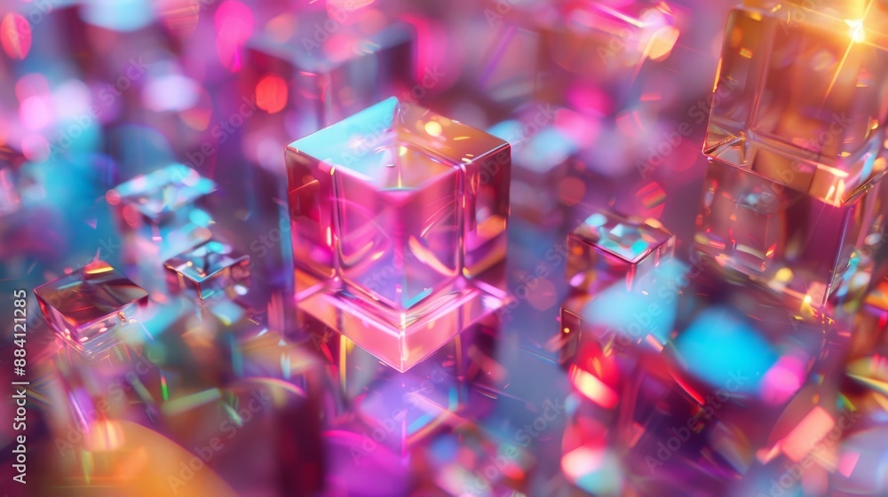 Poster colorful 3d rendering of translucent glass cubes with glowing edges and shiny reflections.