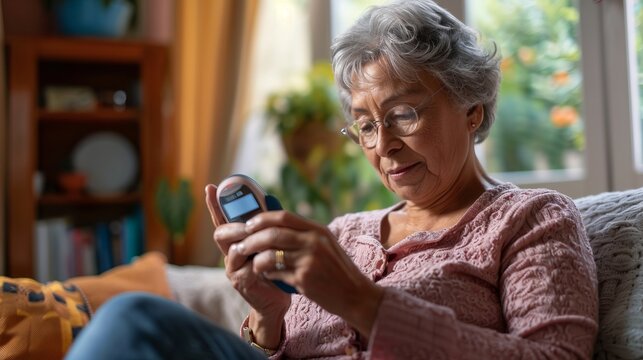 A senior woman is comfortably seated while checking her glucometer, symbolizing both the routine nature of diabetes management and the comfort of conducting such important tasks at home.
