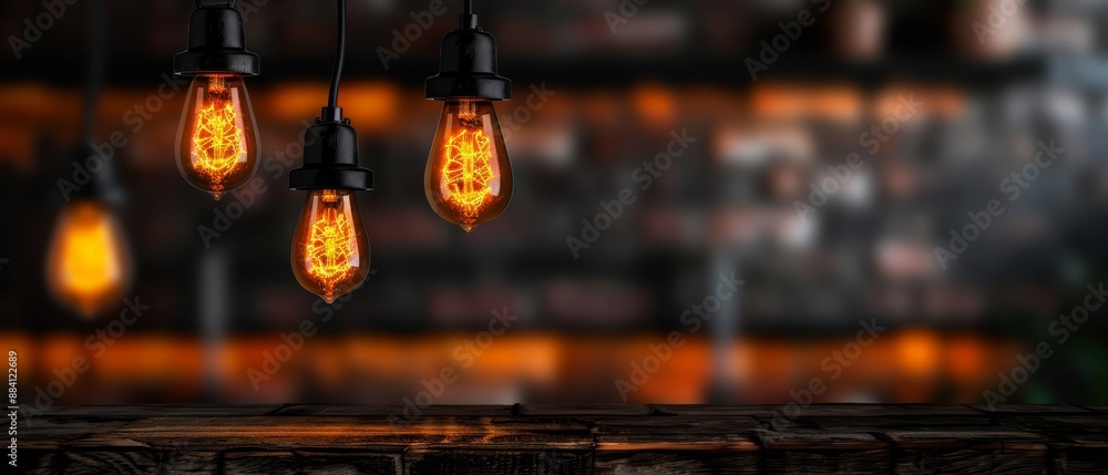 Poster  A collection of light bulbs suspended from a ceiling, against a hazy backdrop of bookshelves and shelves