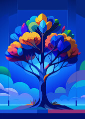 Colorful tree with leaves on hanging branches illustration background. 3d abstraction wallpaper . Floral tree with multicolor leaves