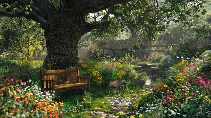 A tranquil garden with an ancient oak tree providing shade over a wooden bench, surrounded by wildflowers and a bubbling brook nearby.