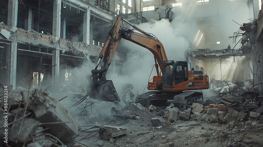 Poster capture the process of robots performing demolition work, efficiently and safely dismantling an old 