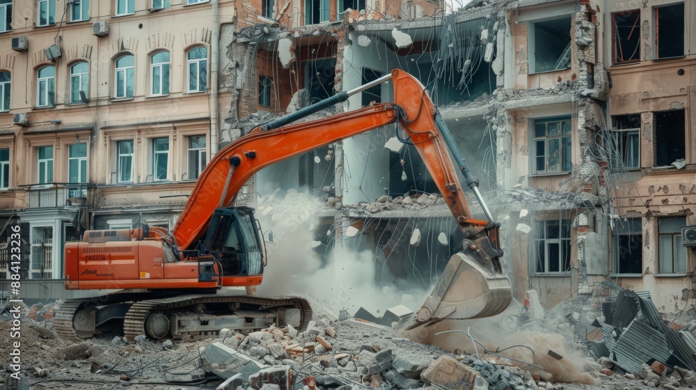 Poster capture the process of robots performing demolition work, efficiently and safely dismantling an old 