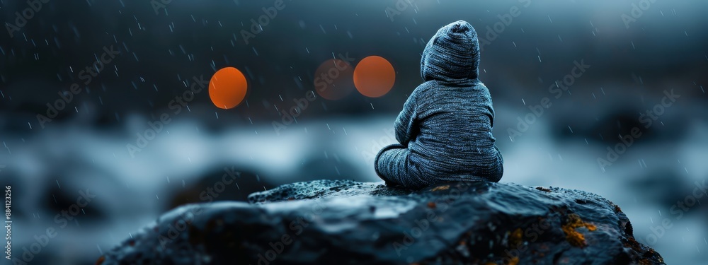 Canvas Prints  Person atop large rock amidst rainstorm, backdrop of blurred lights